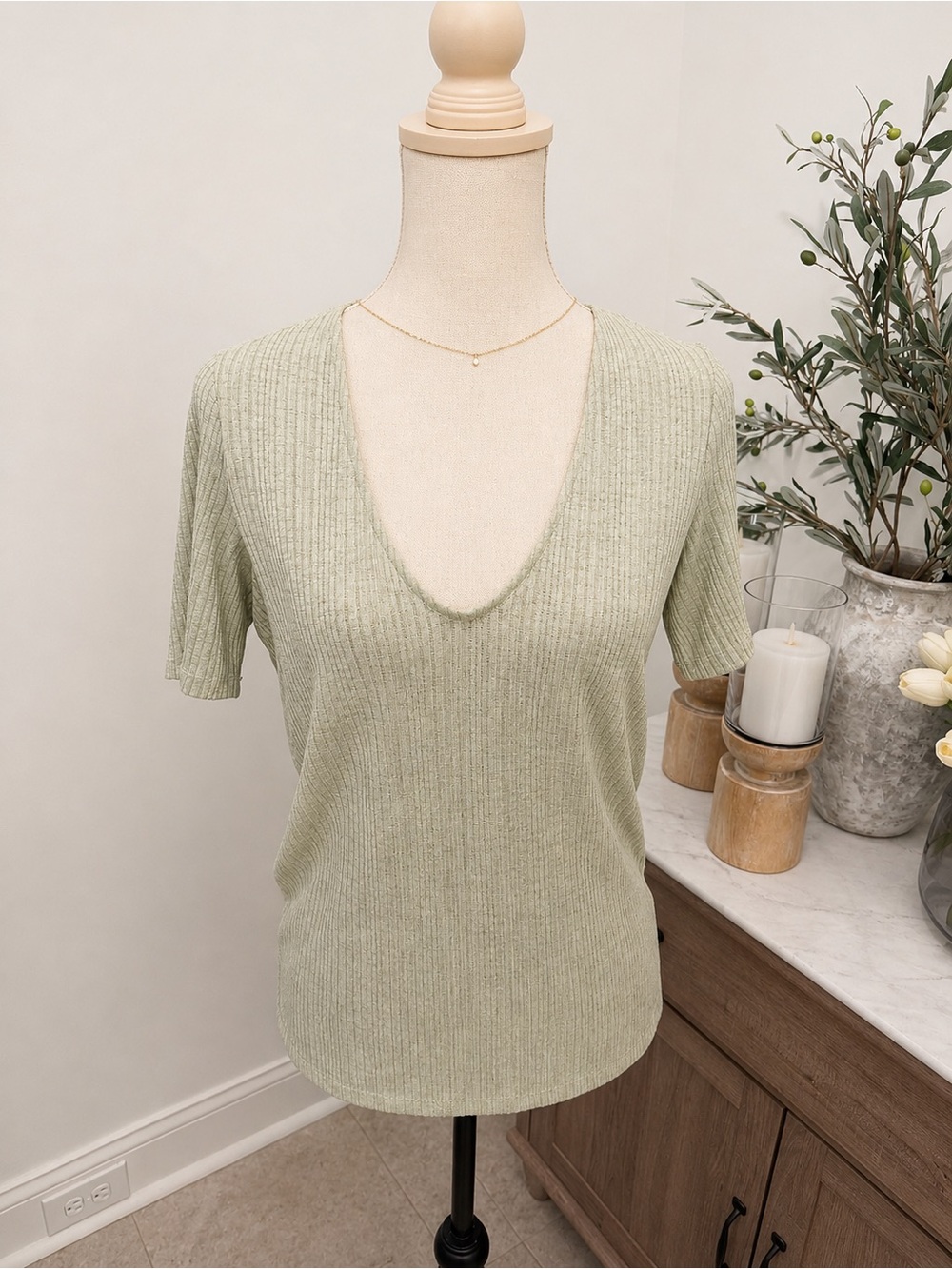 Deep V-Neck Ribbed Short Sleeve Top in Pale Sage